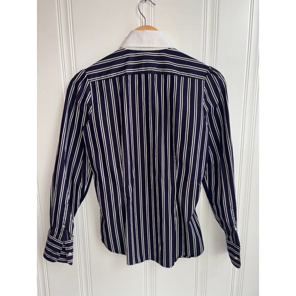 Lauren Ralph Lauren Navy Stripped Button up Collared Cotton Blouse Size XS - Picture 2 of 5